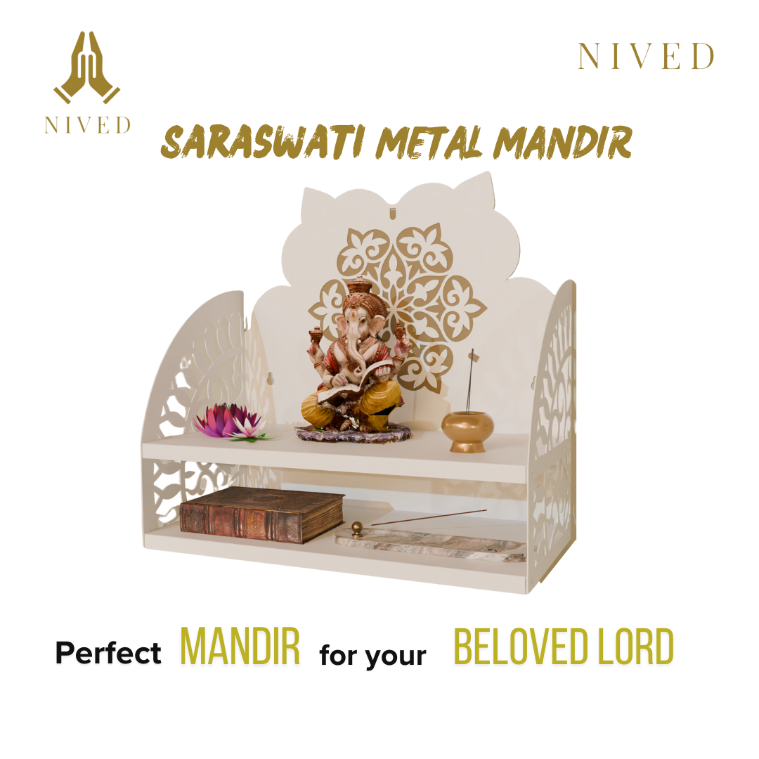 NIVED Saraswati Metal Mandir | White & Gold