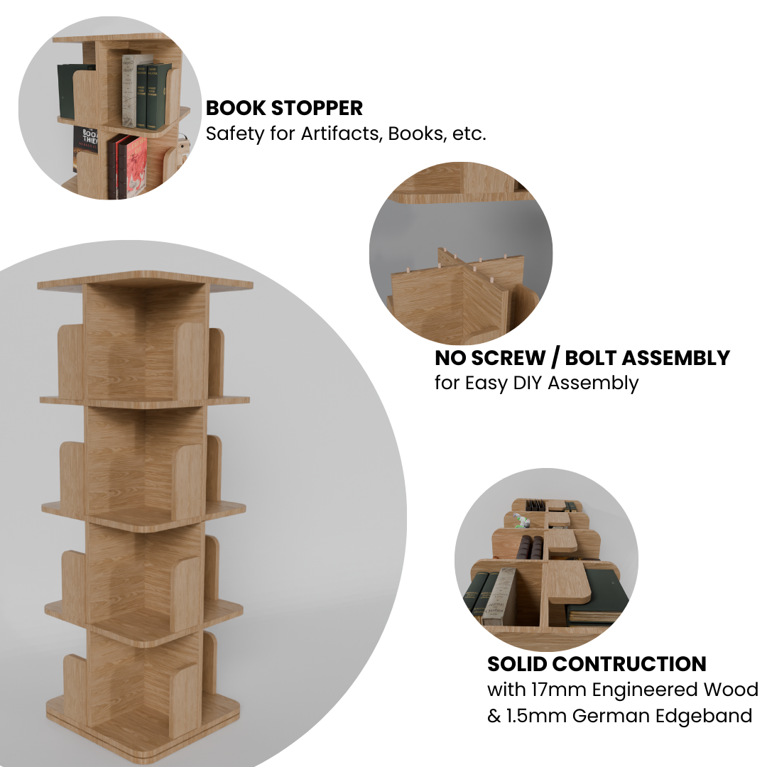 COGO Revolving Book Shelf | 4 Tier | Matt Oak