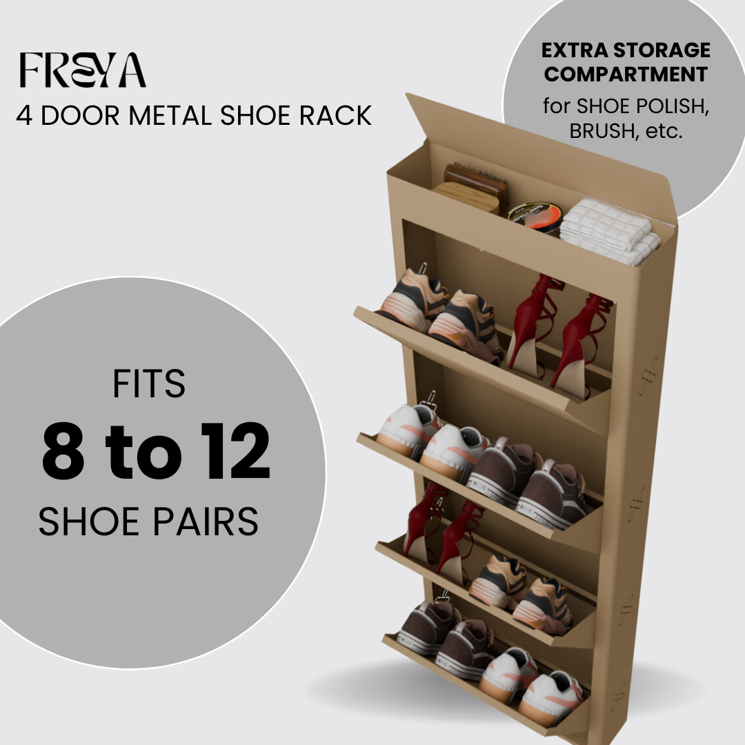 FREYA Metal Shoe Rack | 4 Door | 21 inch Wide | Colour: Matt Biscuit