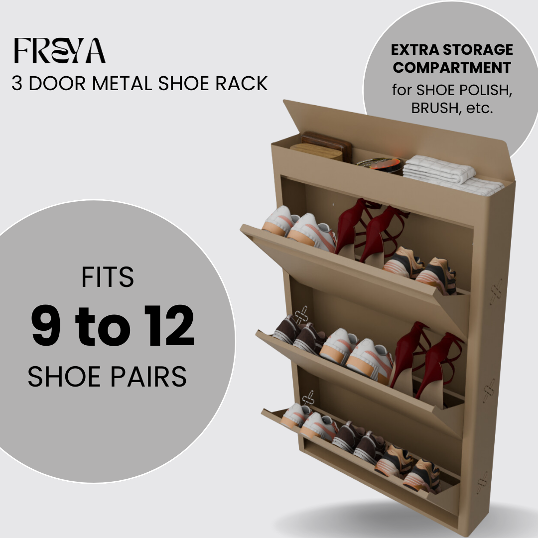 FREYA Metal Shoe Rack | 3 Door | 29 inch Wide | Colour: Matt Biscuit
