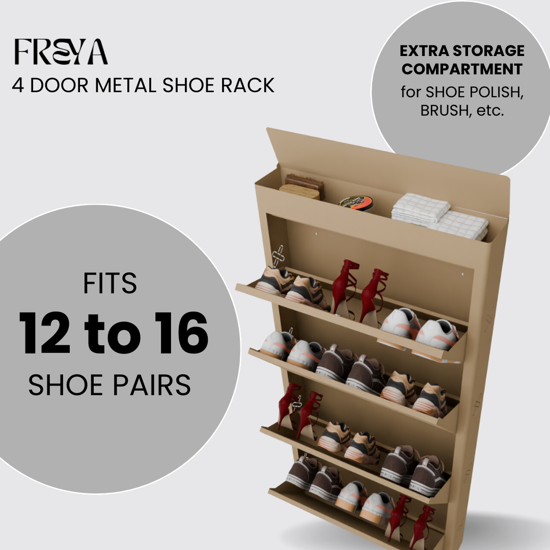 FREYA Metal Shoe Rack | 4 Door | 29 inch Wide | Colour: Matt Biscuit