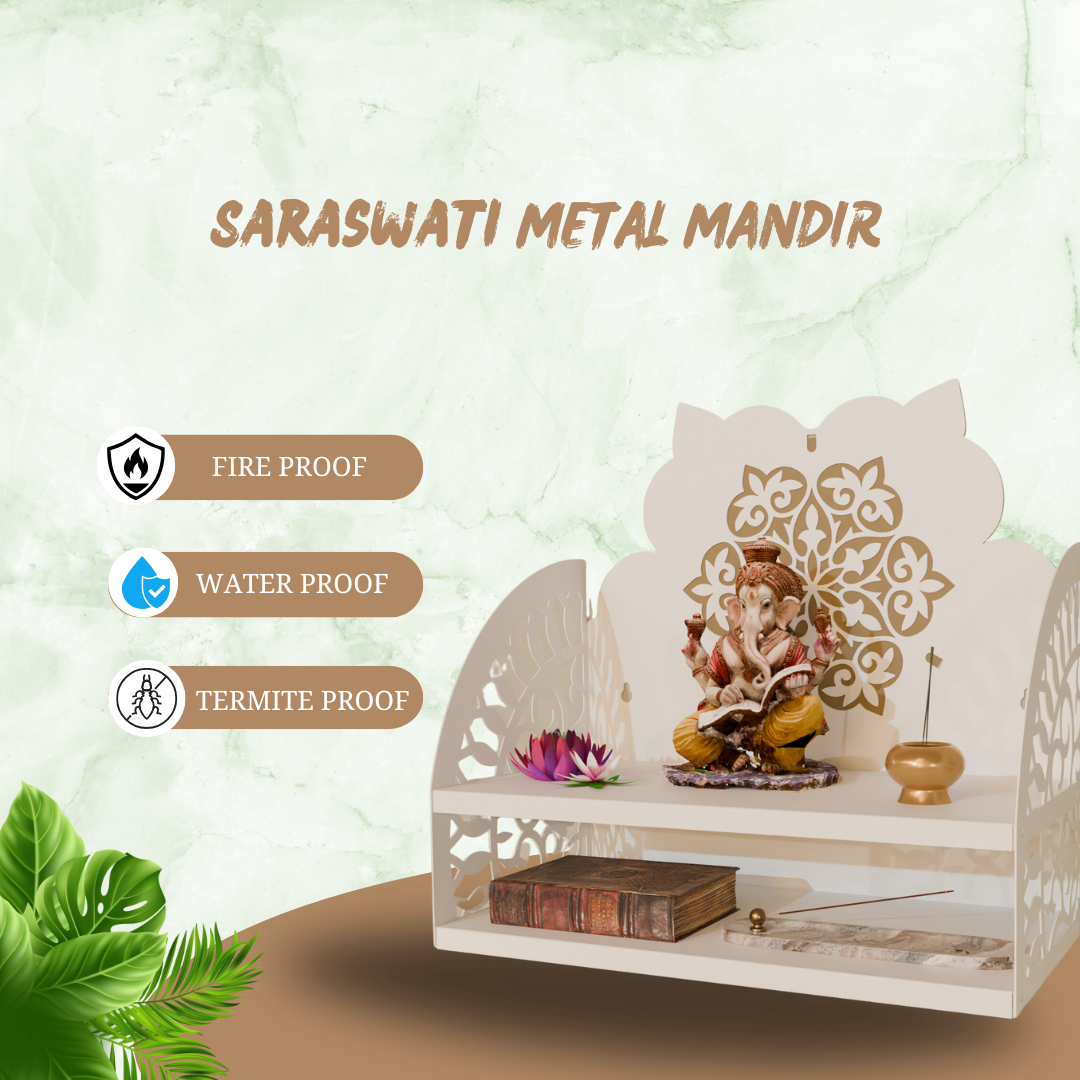 NIVED Saraswati Metal Mandir | White & Gold